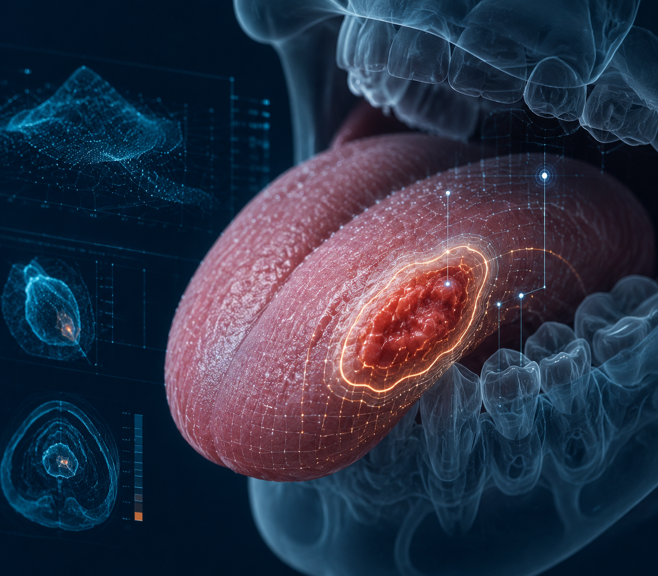 Translucent anatomical tongue model with digital lesion mapping and depth assessment overlays.