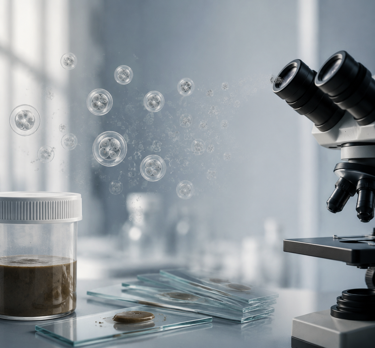 Laboratory stool diagnostic scene with Cyclospora oocysts fading between a sample container and microscope slides
