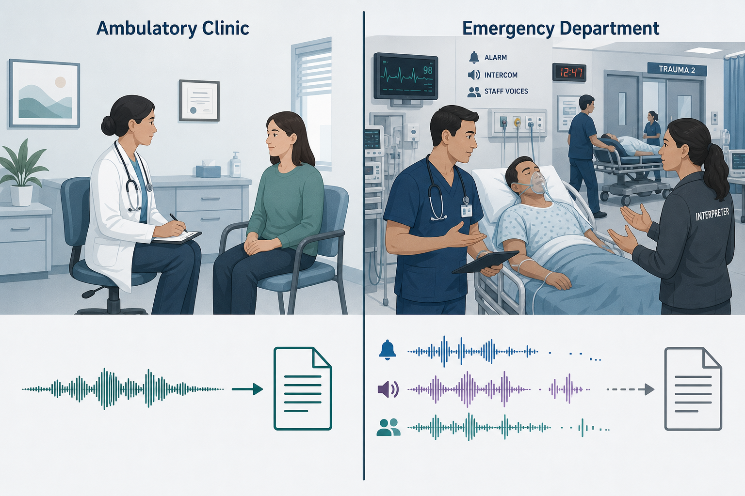 Side-by-side diagram contrasting a quiet ambulatory clinic with a clean audio waveform versus an emergency department with fragmented overlapping waveforms representing noise, multiple speakers, and a nonverbal patient.