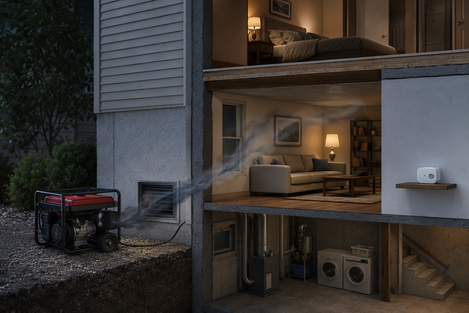 Portable generator near a high-rise air intake with a carbon monoxide alarm inside an occupied upper floor