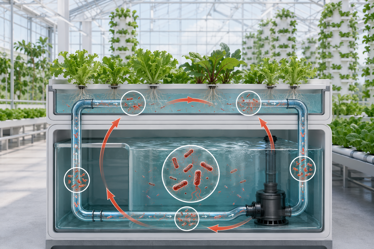 Cross-section illustration of a recirculating hydroponic loop with pathogens multiplying in the circulating water