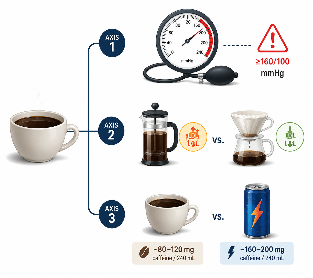 Clinical axes for coffee counseling: severe hypertension, brewing method, and caffeine source