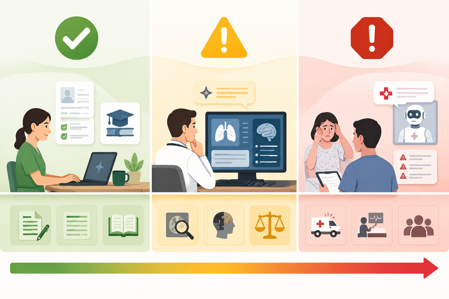 Infographic showing green administrative and educational tasks, yellow clinical decision support, and red direct patient-facing triage risk zones