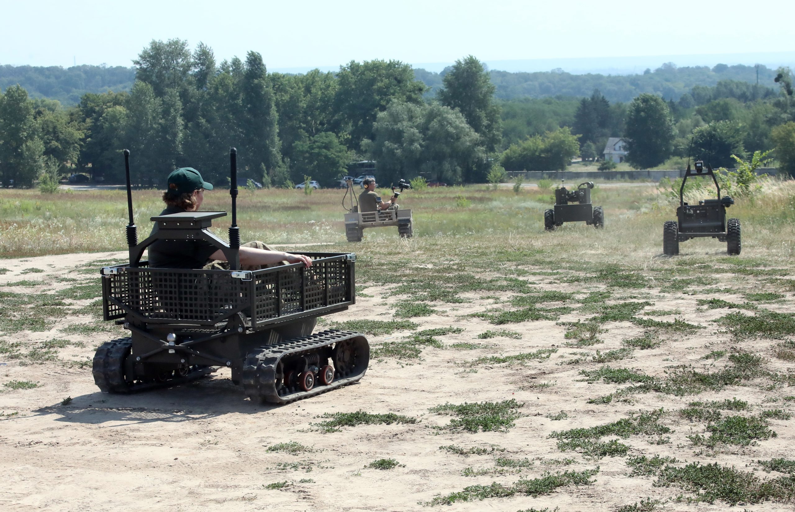 Tracked unmanned ground vehicle used for casualty evacuation on a dirt road in Ukraine