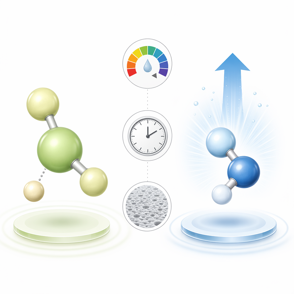 Scientific comparison of sodium hypochlorite and hypochlorous acid molecular models with pH, contact time, and surface texture indicators