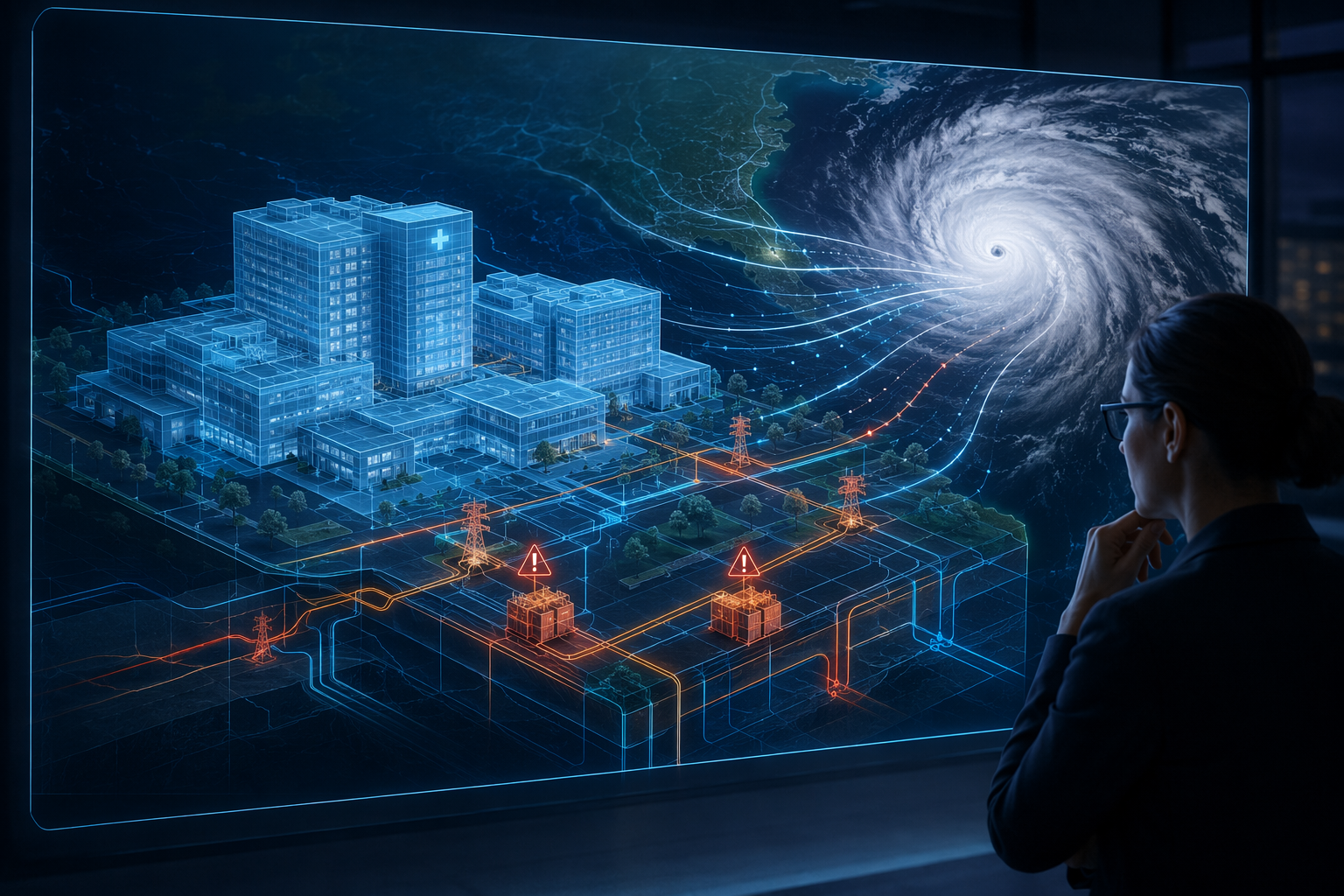 Digital twin interface of a hospital complex highlighting vulnerable power lines, substations, and underground utility paths as a hurricane approaches