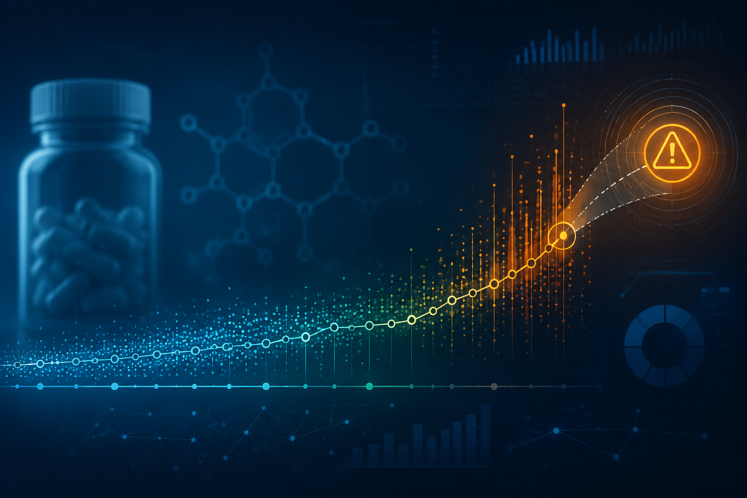 Timeline-style visualization with rising data points converging toward an alert marker