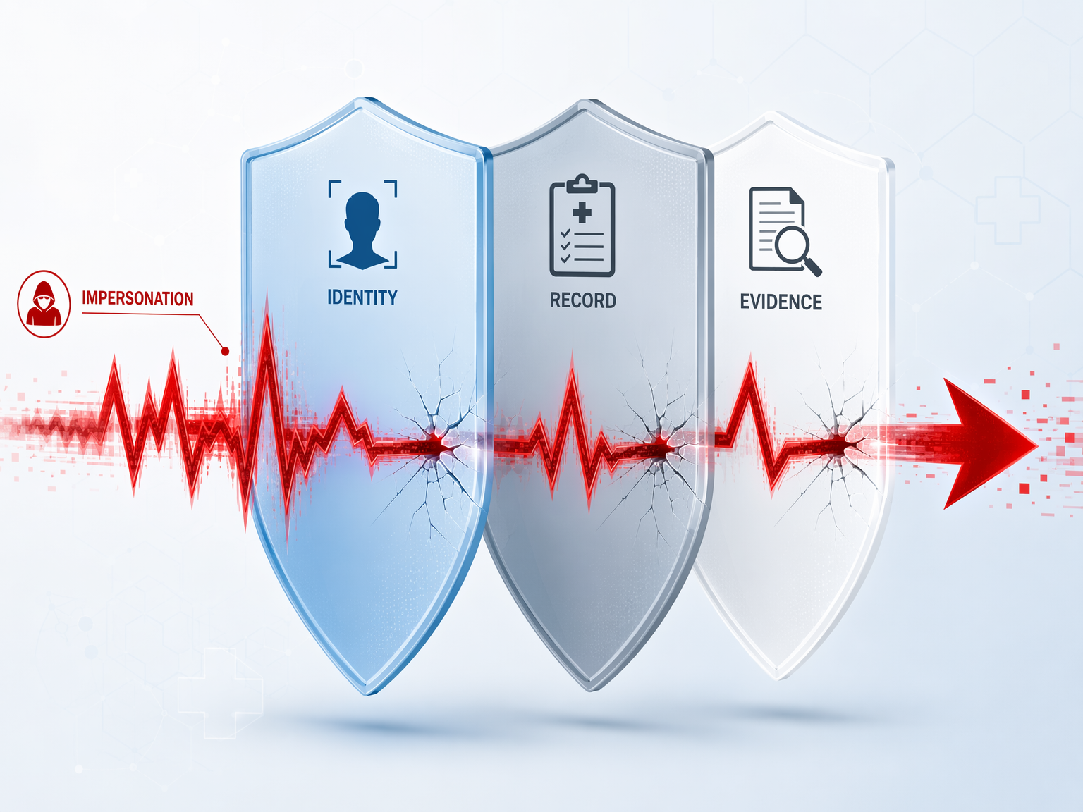 Three shield layers labeled identity, record, and evidence pierced by a red waveform
