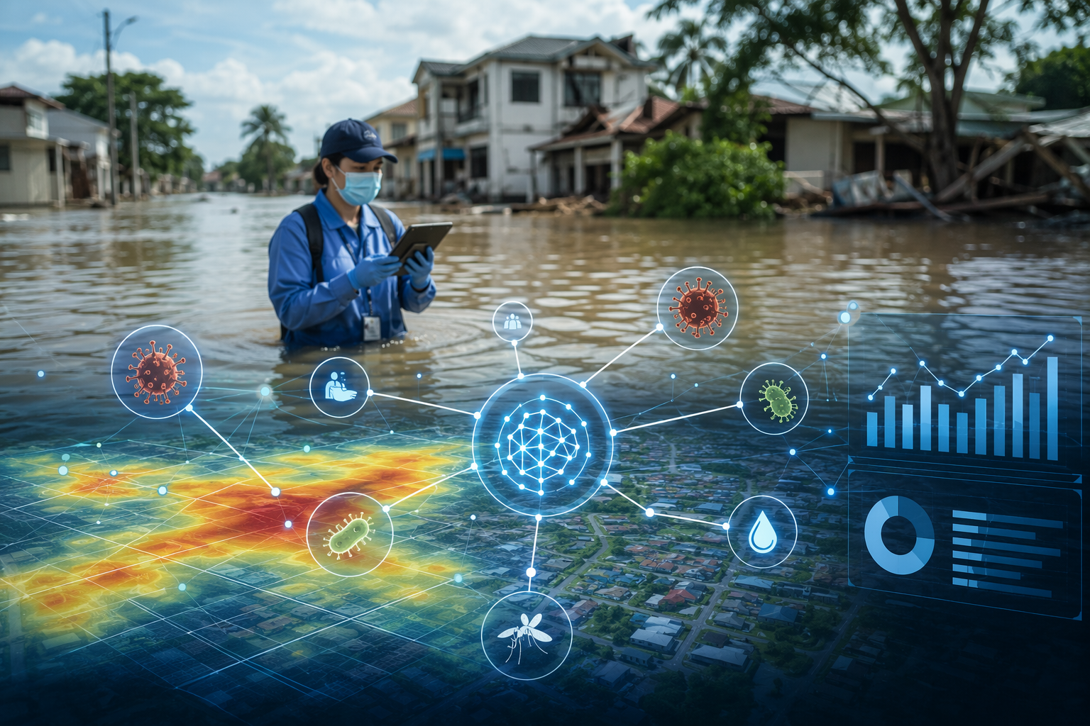 Public health worker collecting post-flood data with an AI disease risk heatmap over a damaged residential area
