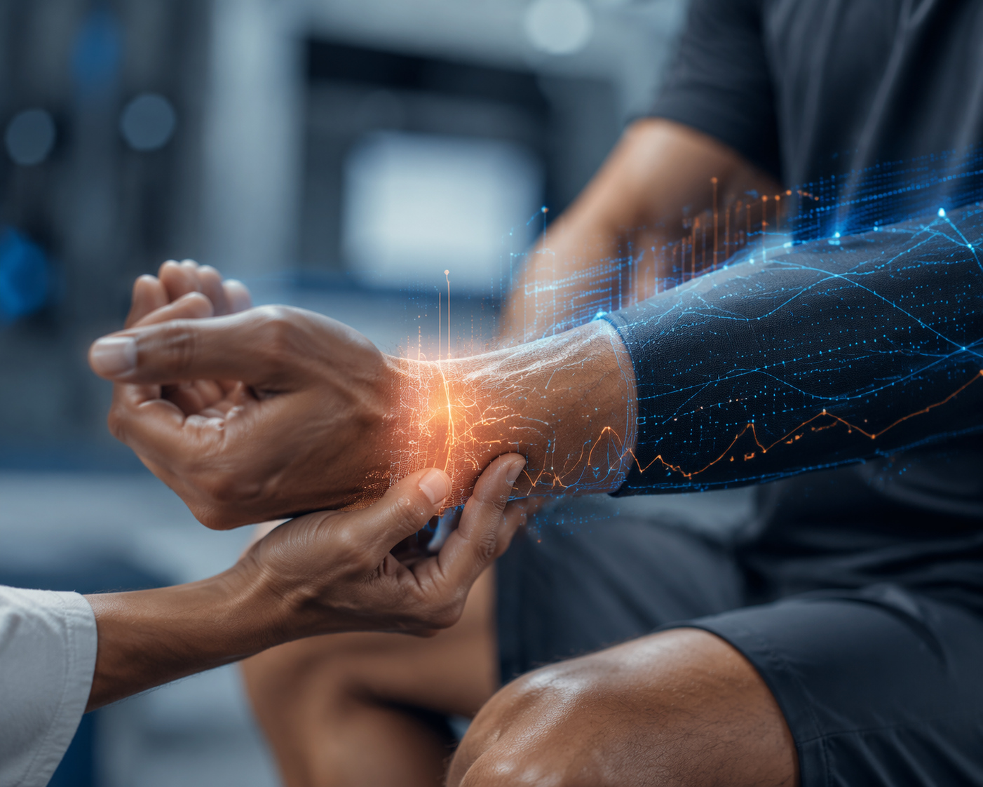 Athlete wrist with data streams suggesting AI-powered personalized recovery tracking