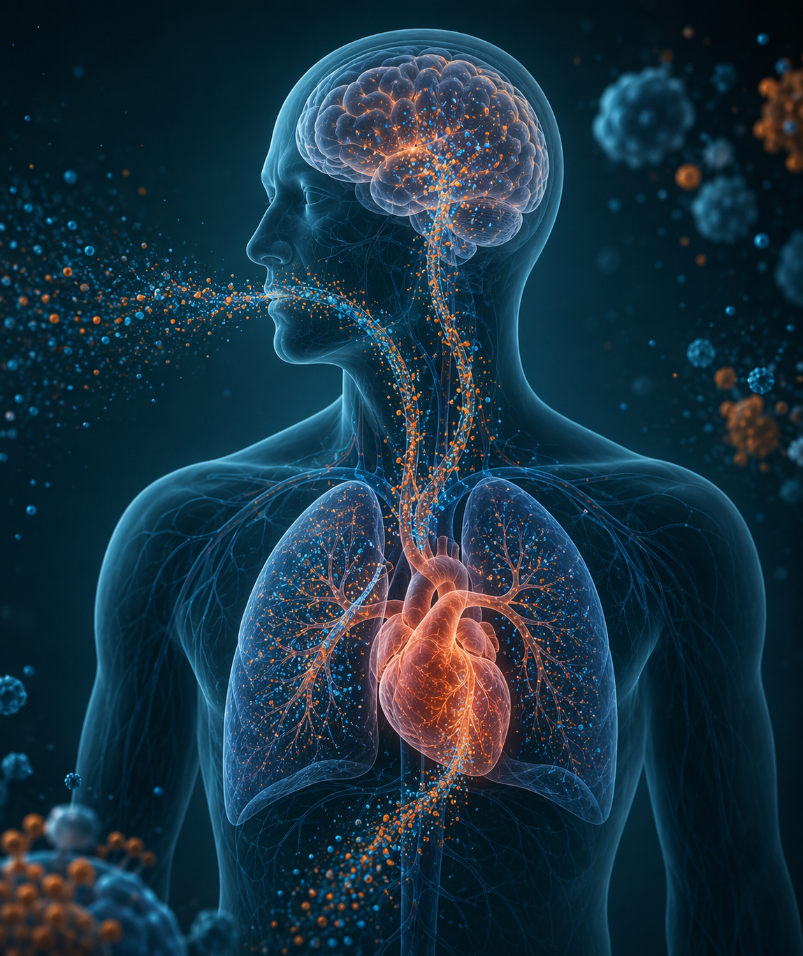 Human silhouette showing lungs, heart, and brain affected by fine particulate matter