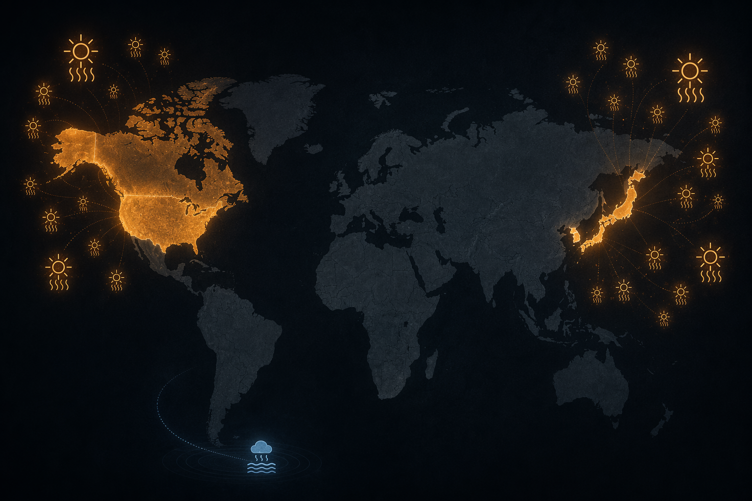 World map highlighting Japan, Canada, South Korea, and the United States with heatwave icons and one flood icon