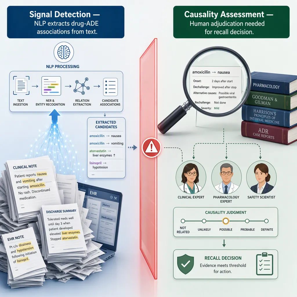 Infographic separating EHR note signal detection from human causality assessment