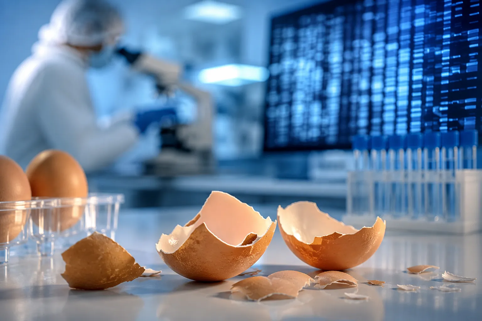 Eggshell fragments on a sterile lab surface with a blurred sequencing screen and scientist in the background