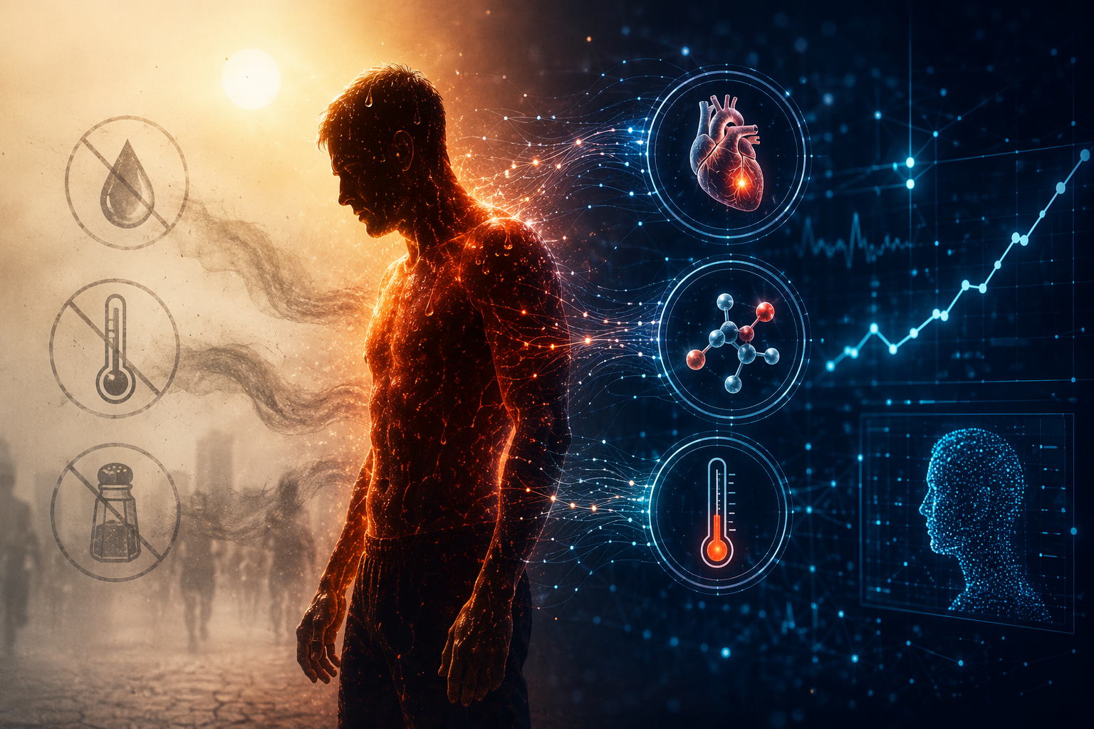 Human silhouette in extreme heat between folk prevention icons and AI biomarker signals