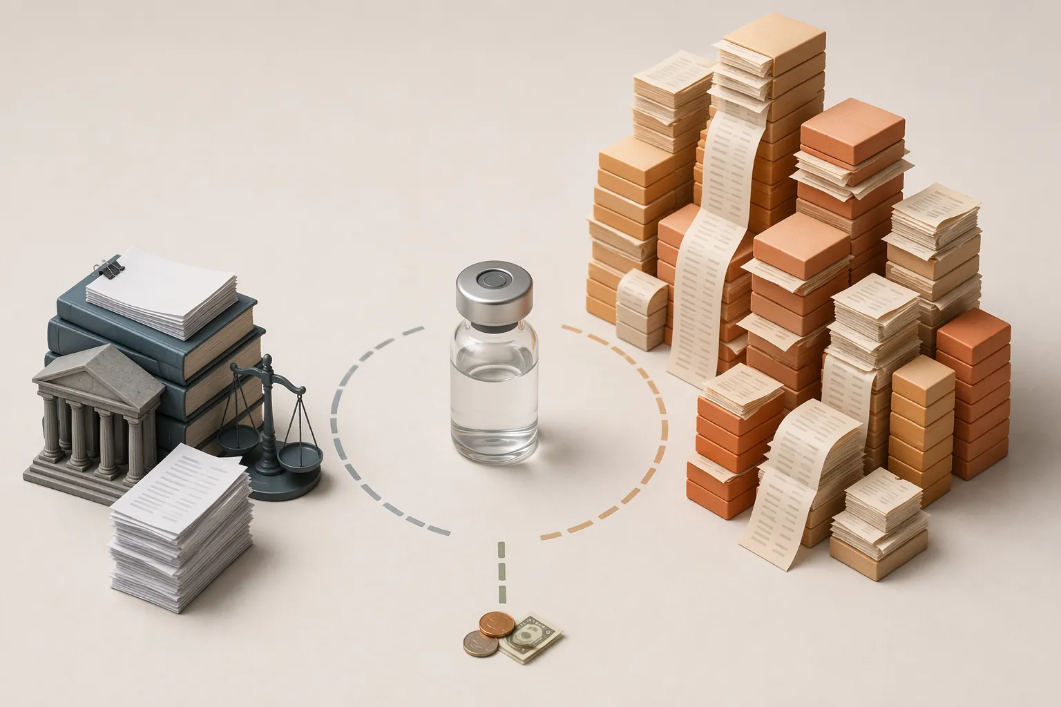 A vial surrounded by a small coin cluster, a large stack of receipts, and legal documents