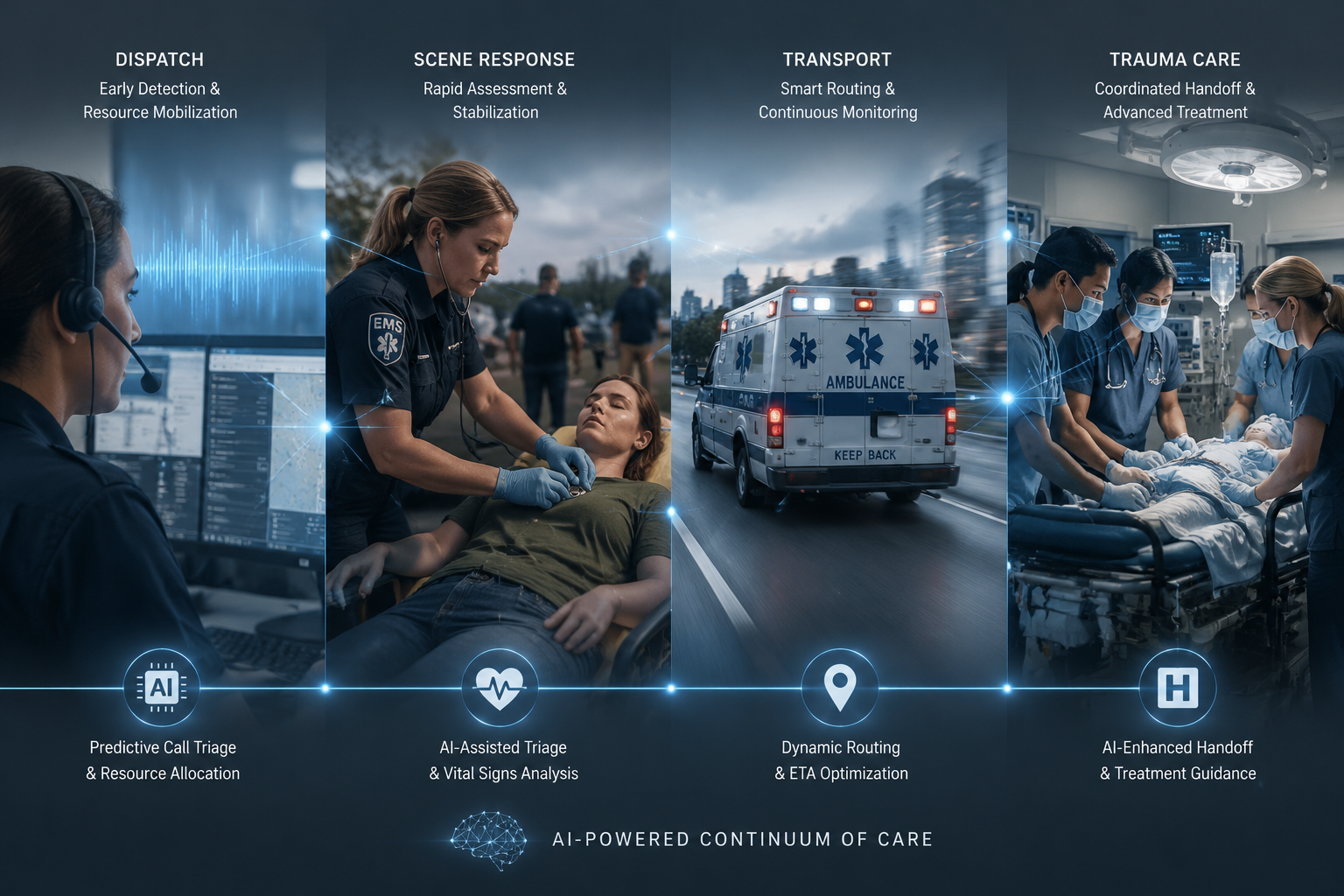 Mass shooting response chain shown as dispatch, EMS scene, ambulance transport, and trauma bay connected by AI-supported handoff points