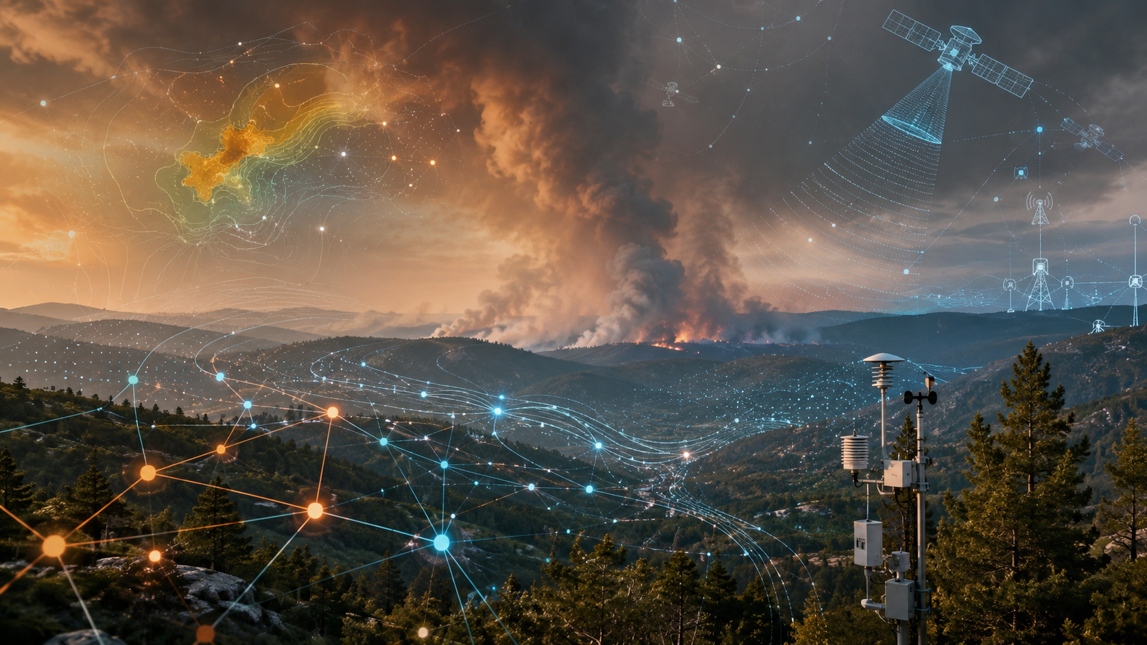 Wildfire smoke over a forested North American landscape with satellite and neural network data overlays