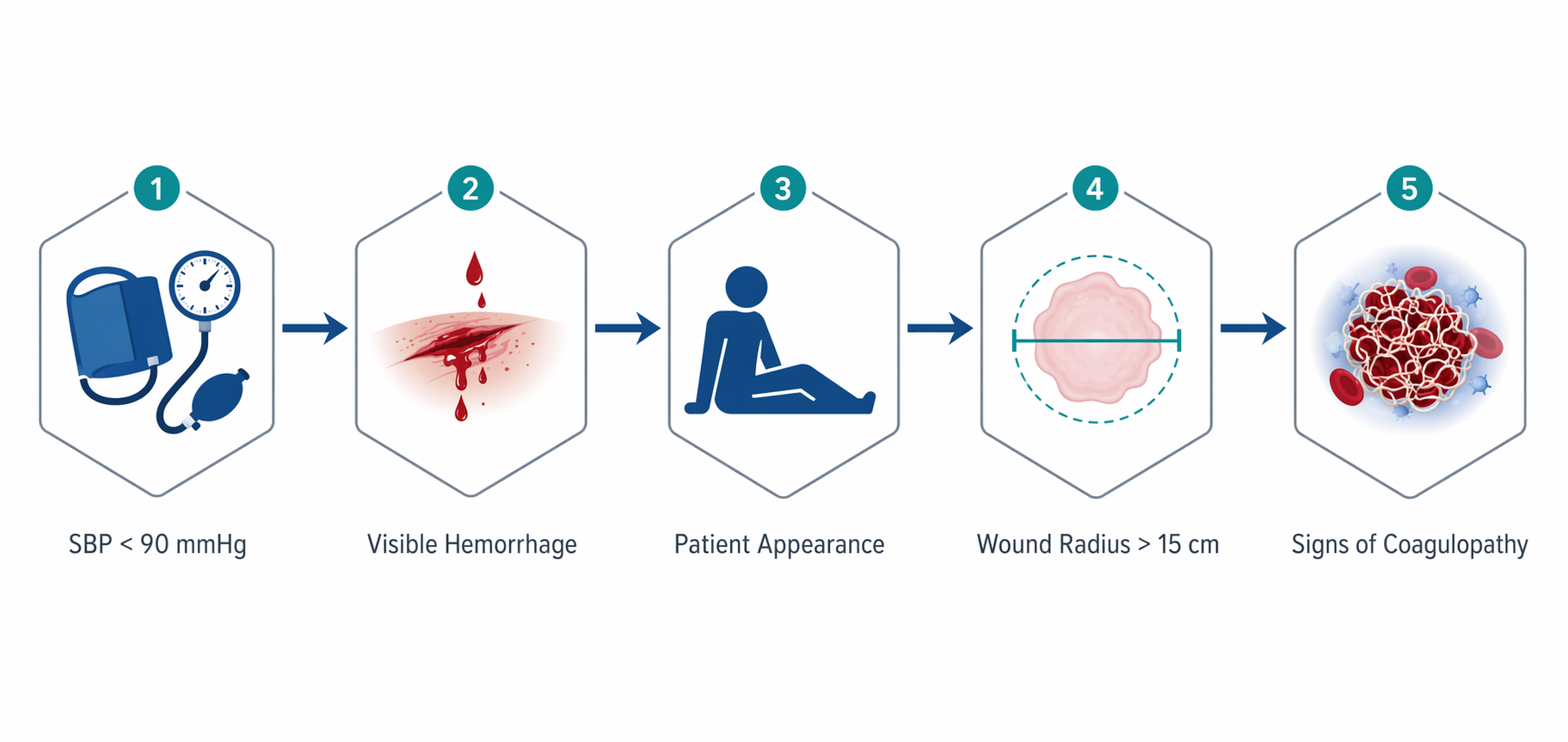 Five connected medical nodes showing SBP under 90 mmHg, visible hemorrhage, patient appearance, wound radius over 15 cm, and signs of coagulopathy.