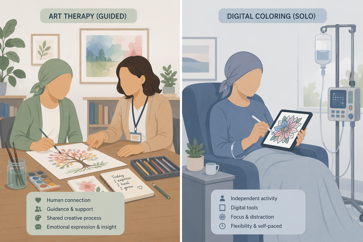 A side-by-side comparison of therapist-led art therapy and solo tablet coloring during chemotherapy.