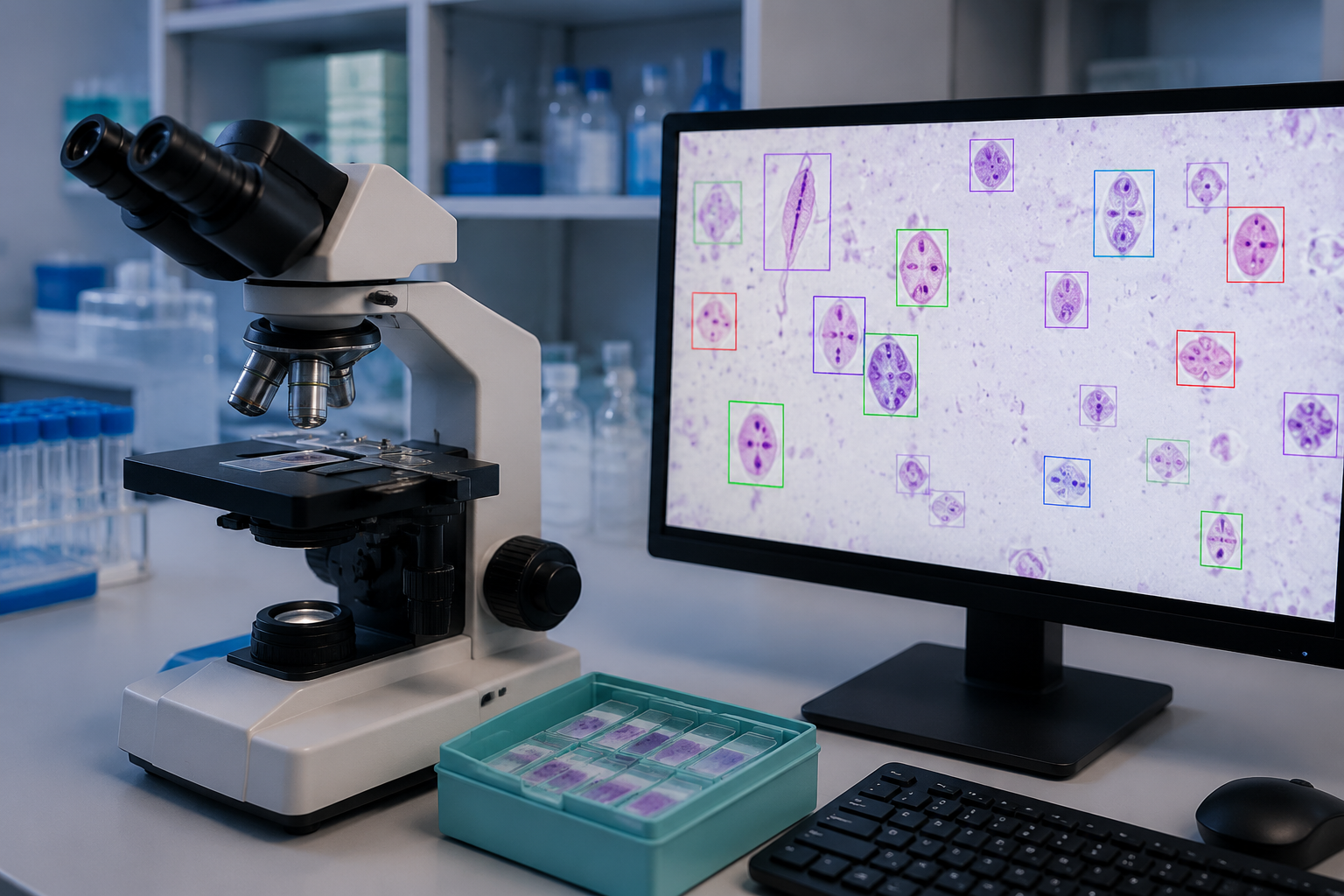 Clinical parasitology laboratory workspace with a microscope and computer monitor showing AI-highlighted organisms on a digitized slide scan
