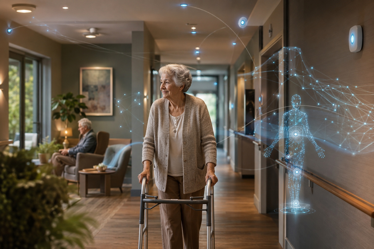 Modern nursing home corridor with an older adult using a walker and subtle ceiling-mounted AI monitoring indicators