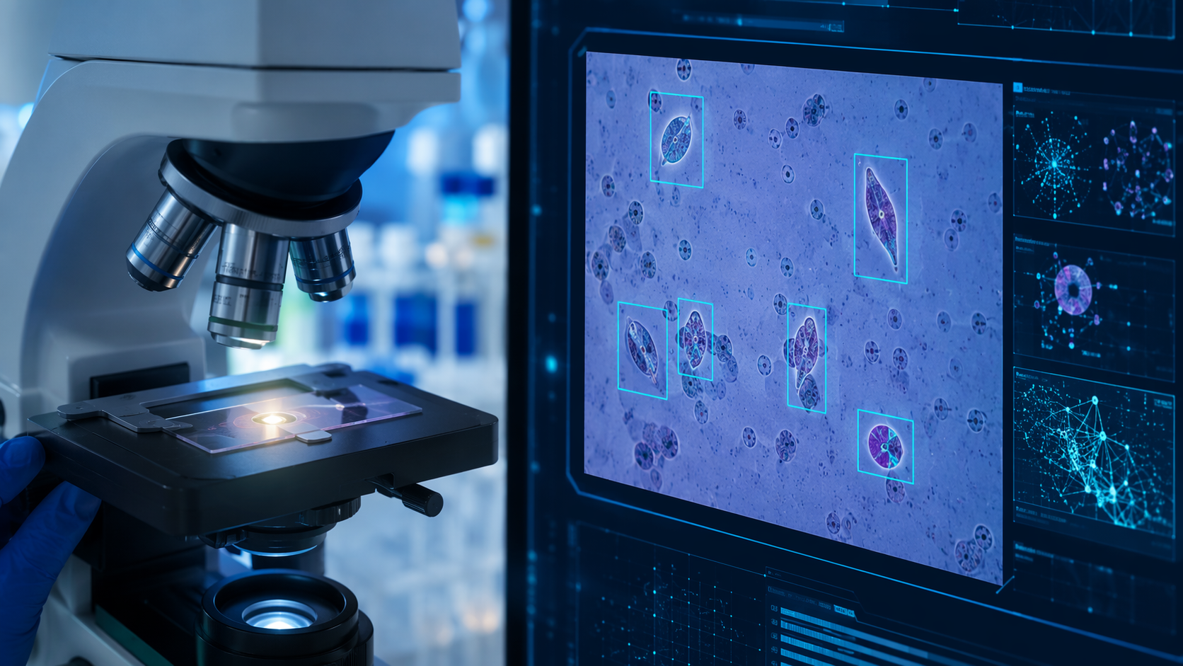 Blood smear slide beside an AI analysis interface highlighting parasite detections