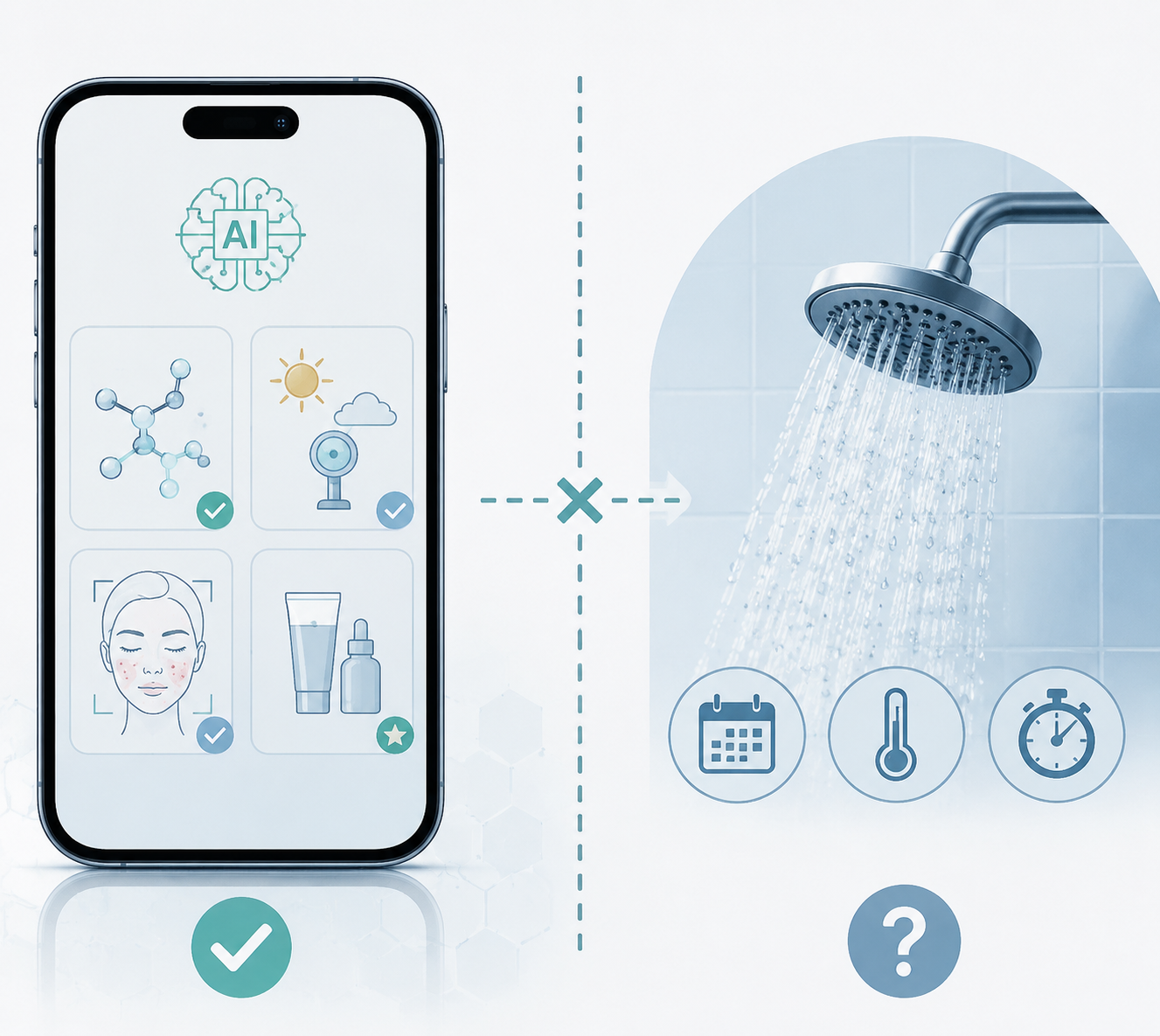 Split comparison showing AI skincare app capabilities on one side and missing bathing frequency, temperature, and duration on the other