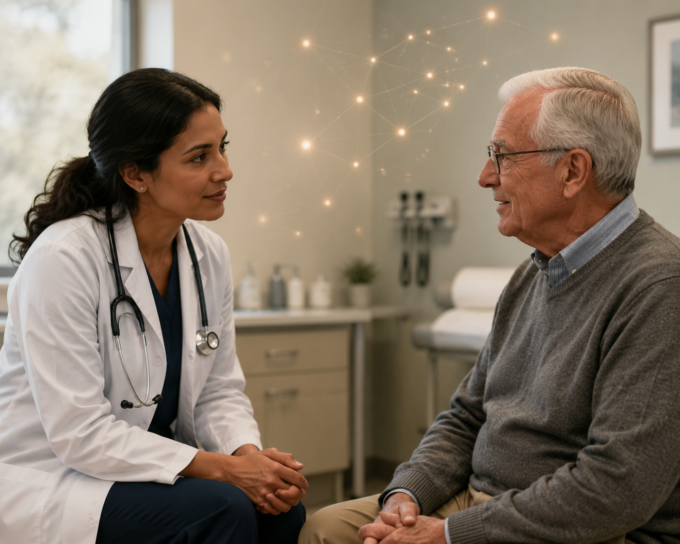 Doctor listening to an elderly patient while ambient AI quietly supports the visit