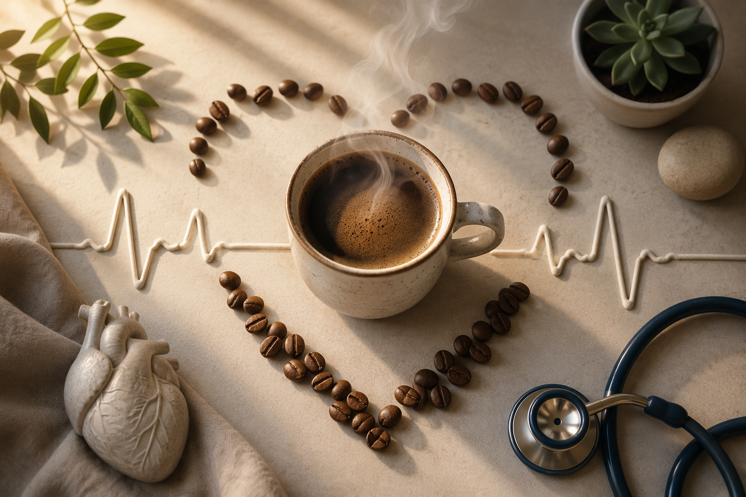 Steaming coffee cup with coffee beans and an EKG motif in warm morning light.