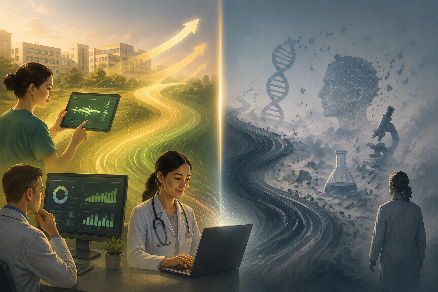 Editorial illustration contrasting funded workflow tools with squeezed early-stage diagnostics.