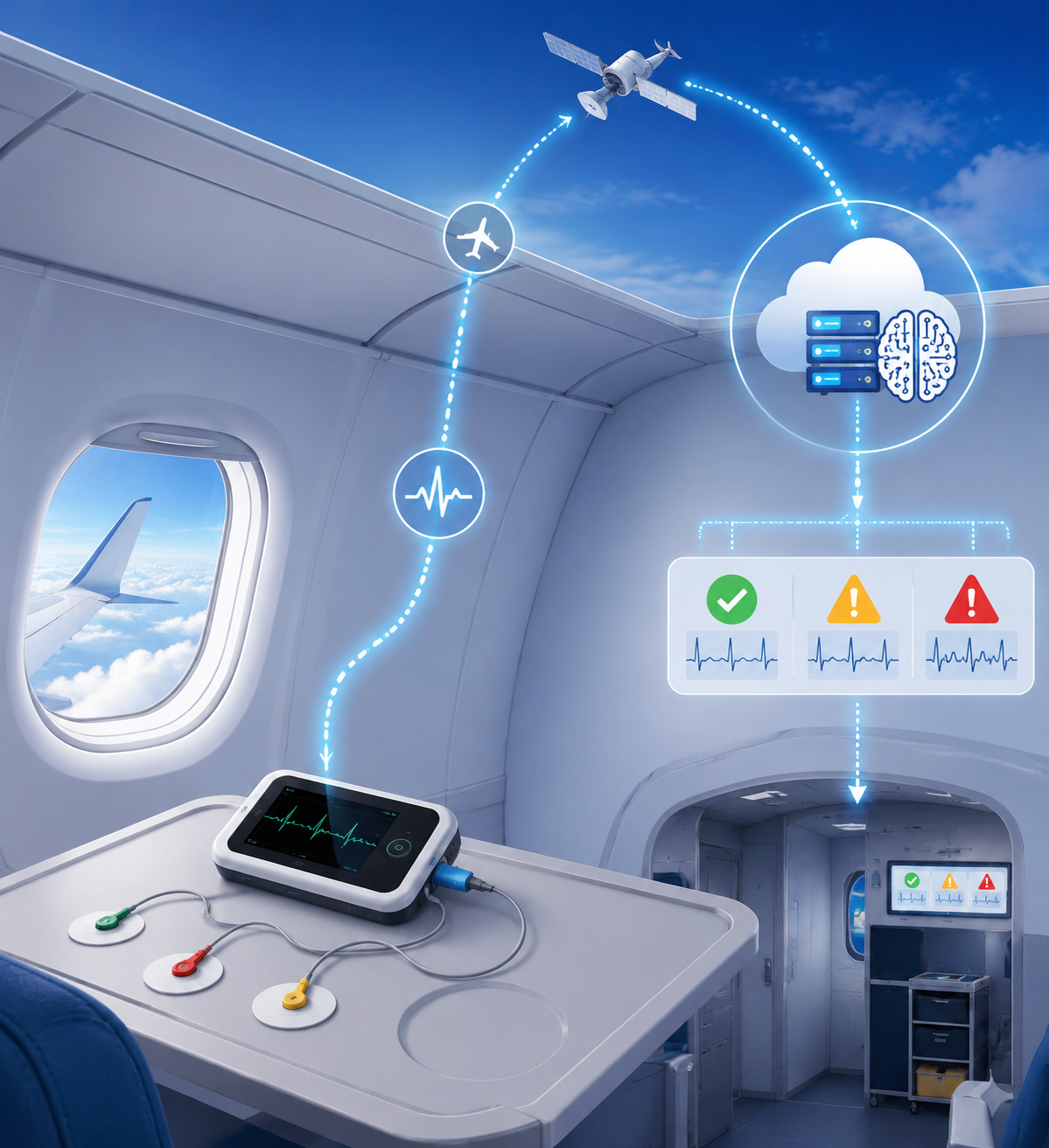 Portable ECG device on an airplane tray table with data flowing through satellite and cloud AI analysis
