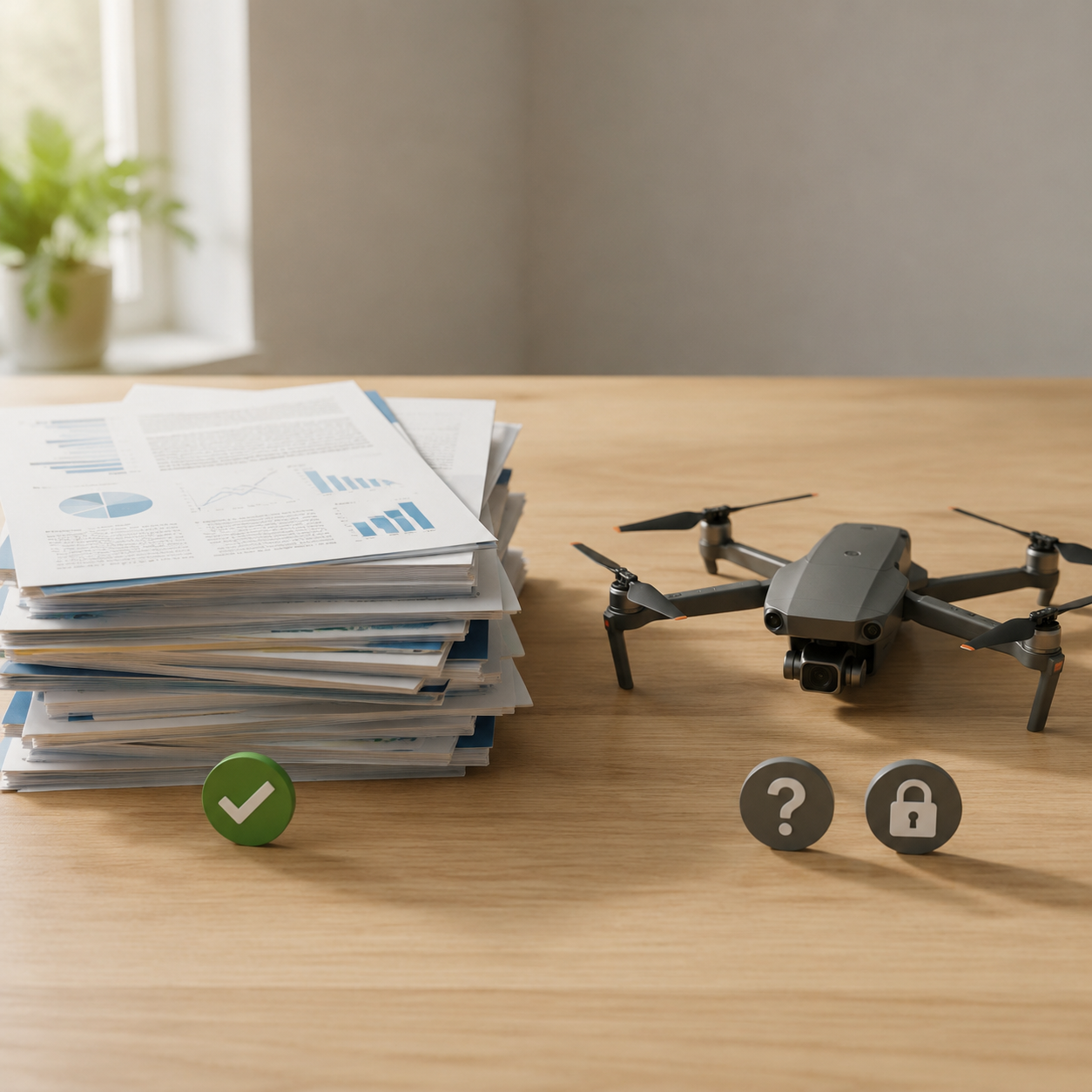 Stack of research papers beside a drone model with checkmark, question mark, and padlock symbols