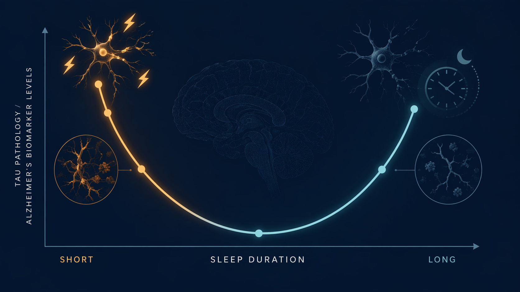 U-shaped curve showing short sleep and long sleep linked to higher tau pathology through different mechanisms