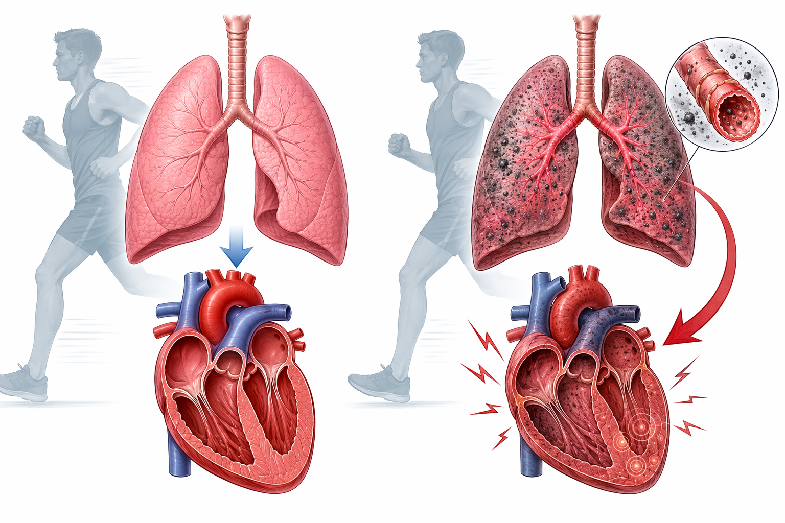 Medical illustration contrasting healthy lungs and heart with smoke-exposed lungs and cardiac strain during athletic exertion
