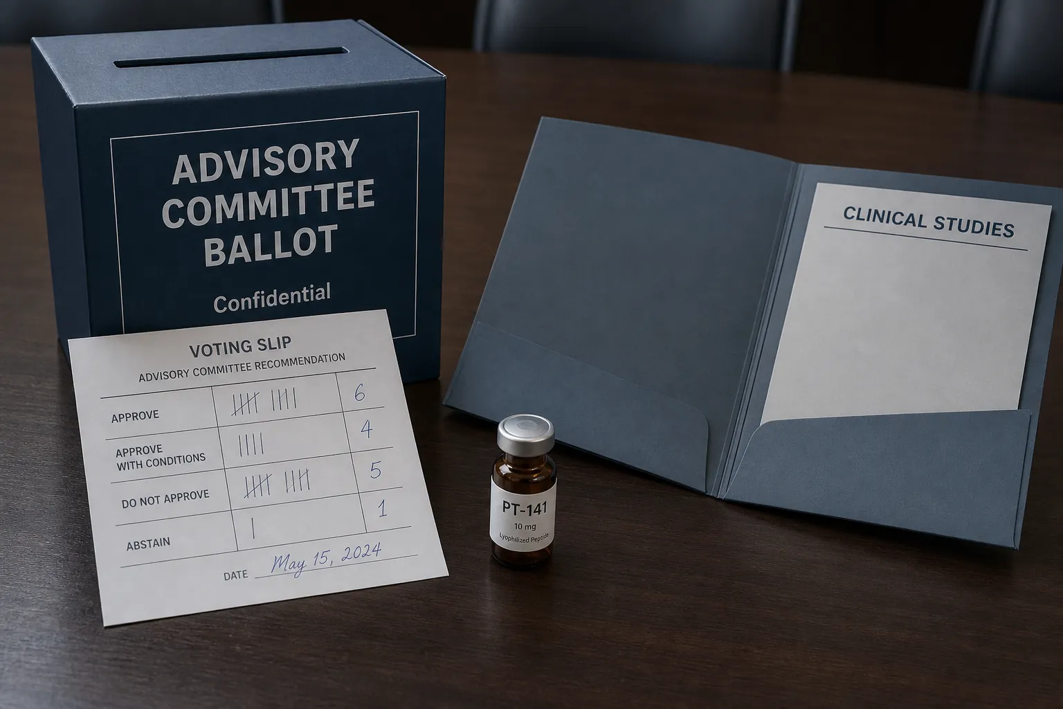 Official ballot box beside an empty clinical studies folder and an amber vial