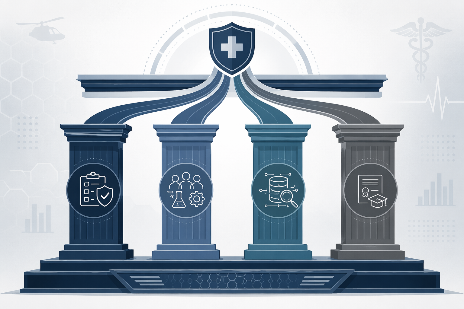 Four governance pillars representing policy accountability, inclusive expertise, audit and data integrity, and workforce AI training