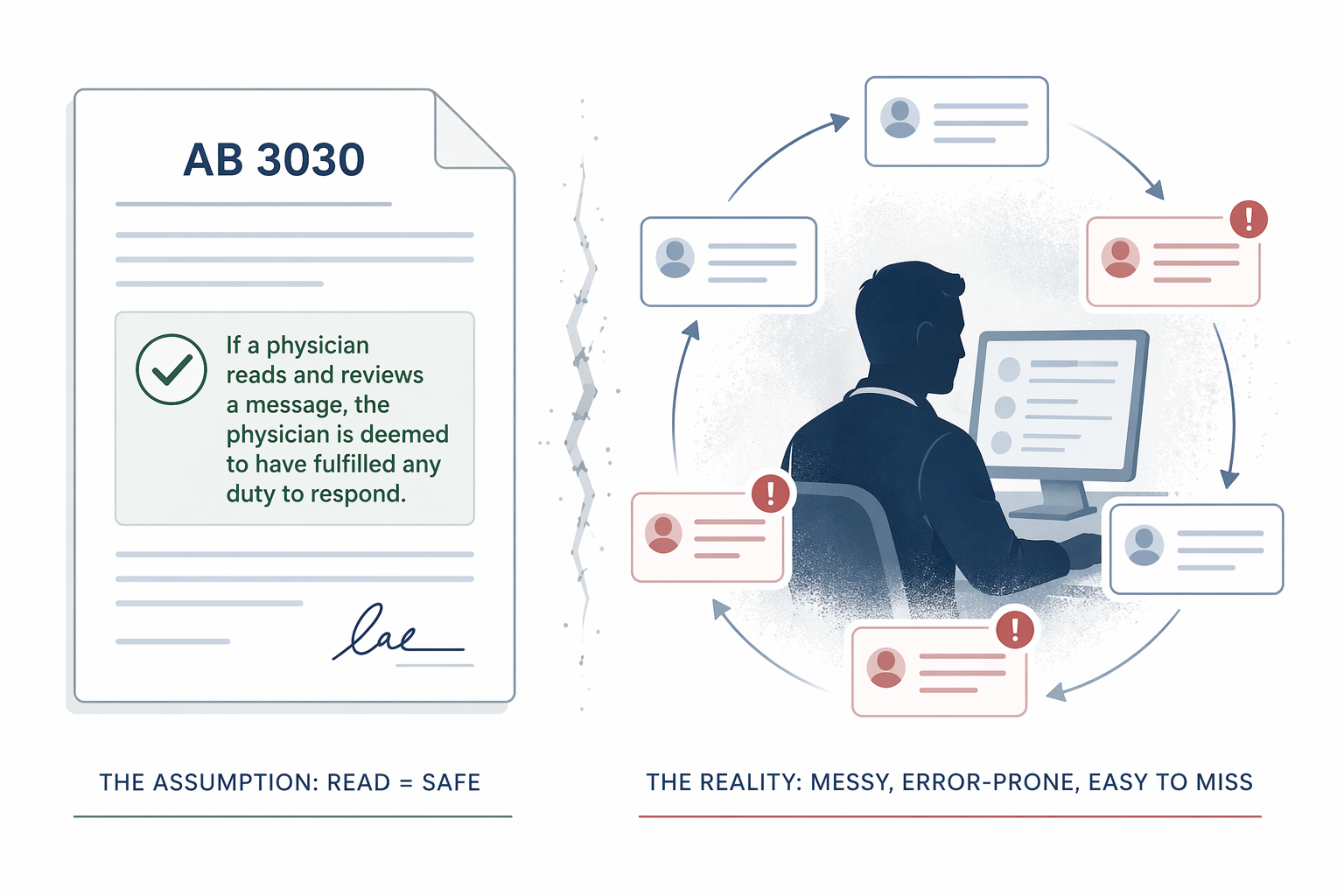 Legal exemption icon contrasted with a physician reviewing portal messages where subtle error indicators blend into the workflow