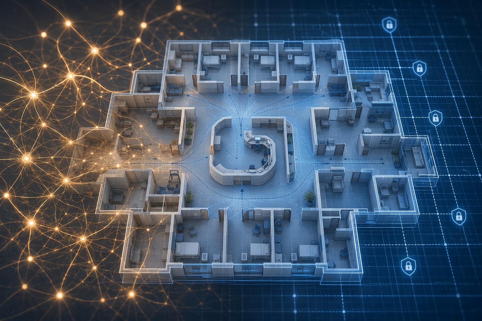 A psychiatric hospital floor plan with neural nodes on one side and constraint symbols on the other