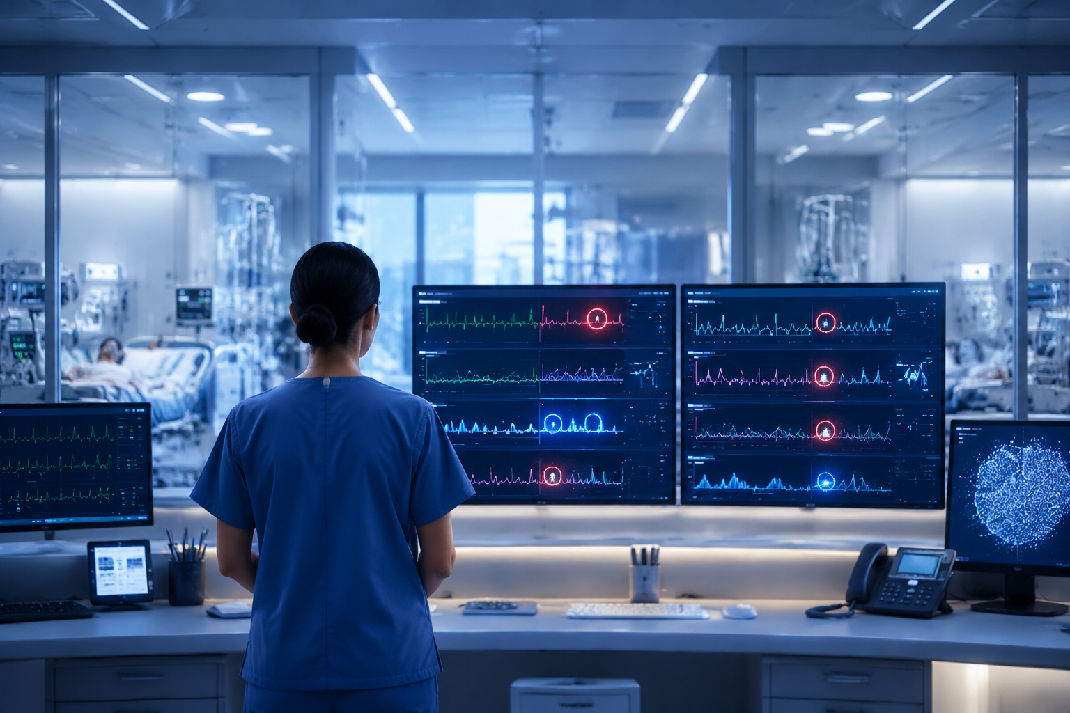 Hospital monitoring station with patient vital signs and AI-driven predictive analysis highlights