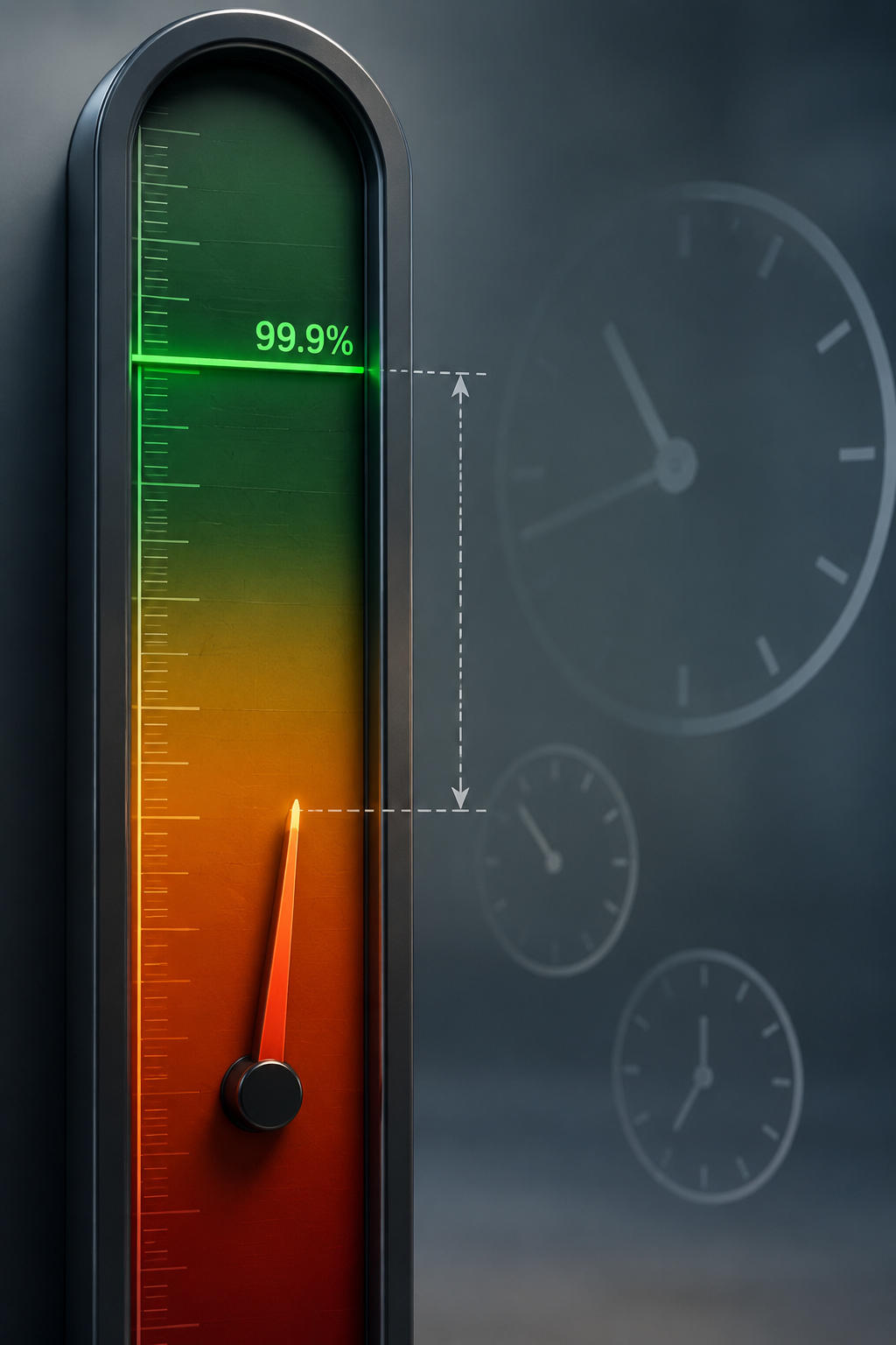 Gauge showing measured uptime below a 99.9 percent reliability threshold
