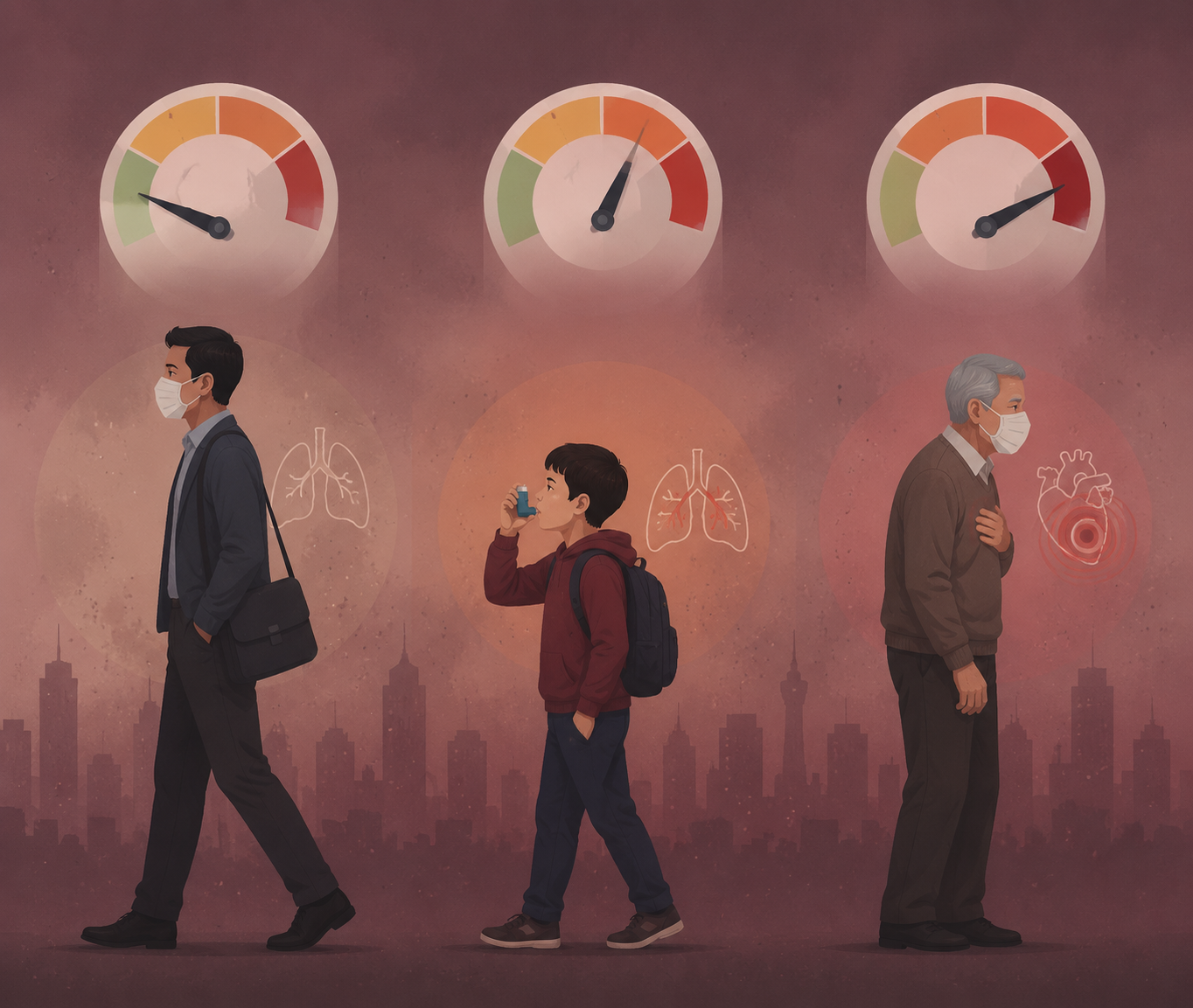 Healthy adult commuter, child with asthma inhaler, and older adult with cardiovascular markers under the same hazardous AQI condition with different risk gauges