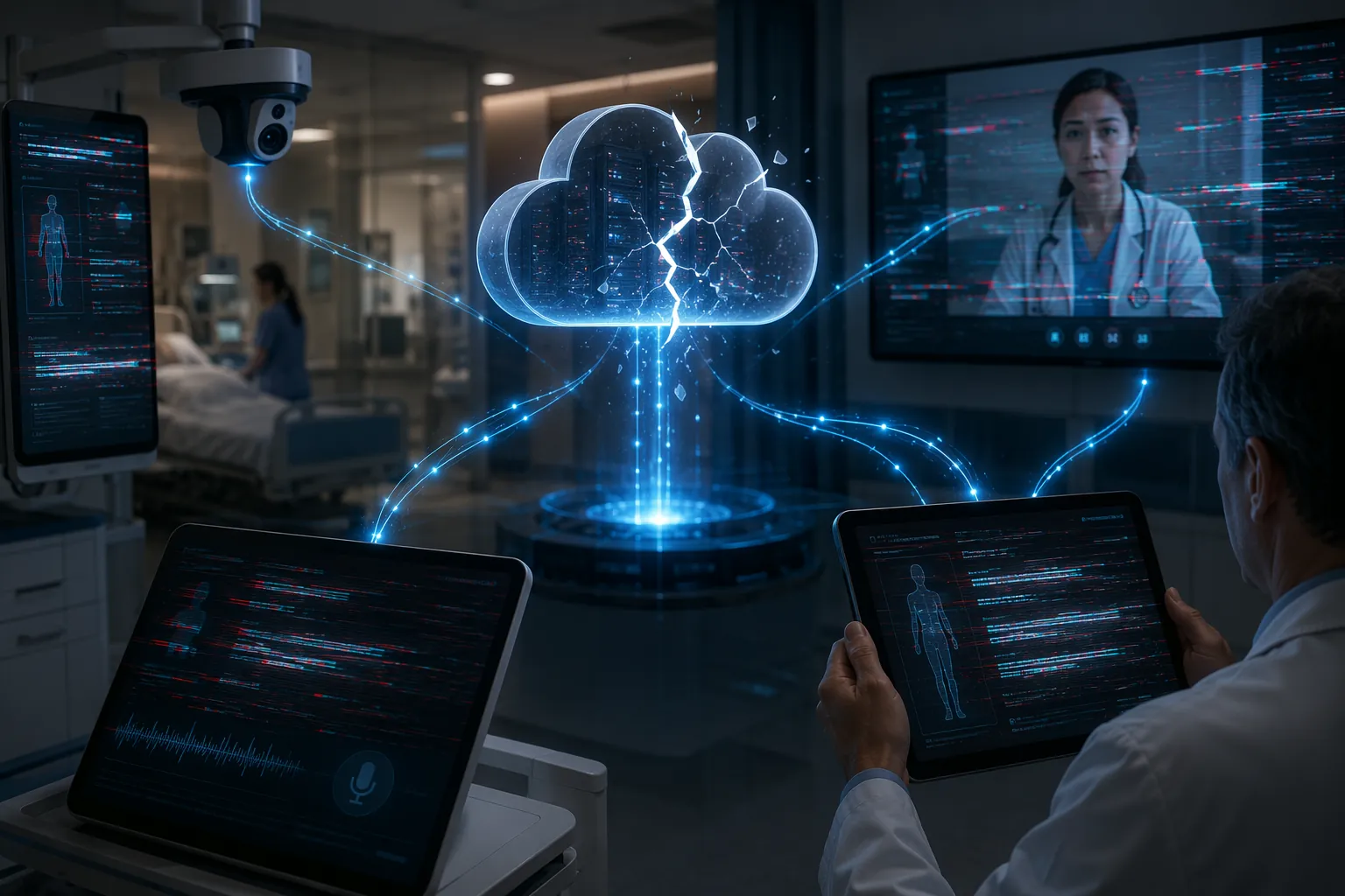 Hospital room with AI documentation, telehealth, and ambient scribe systems connected to a cracked cloud hub