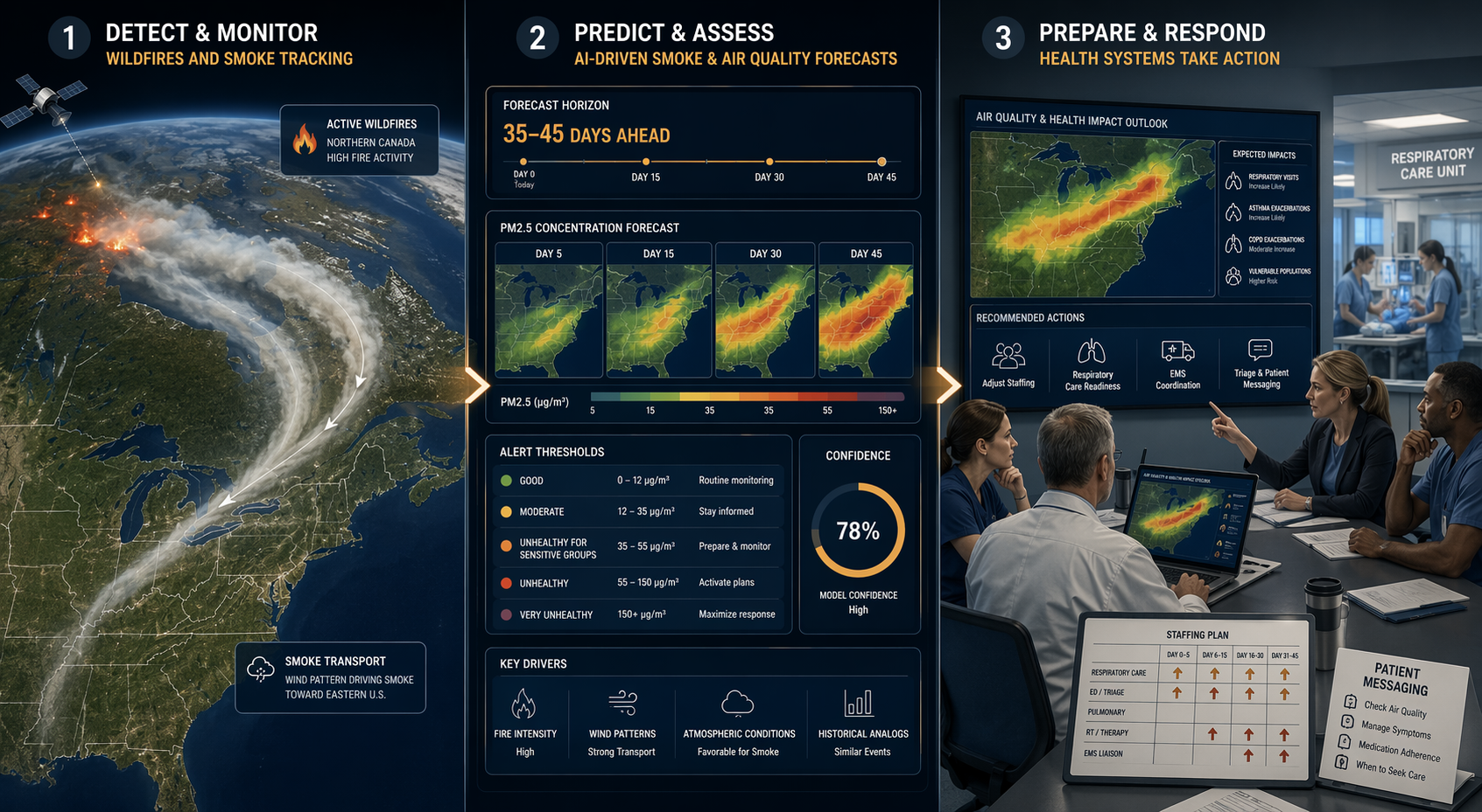 Conceptual illustration of an AI wildfire smoke early warning pipeline connecting smoke plumes, forecast dashboards, PM2.5 maps, and hospital preparedness decisions