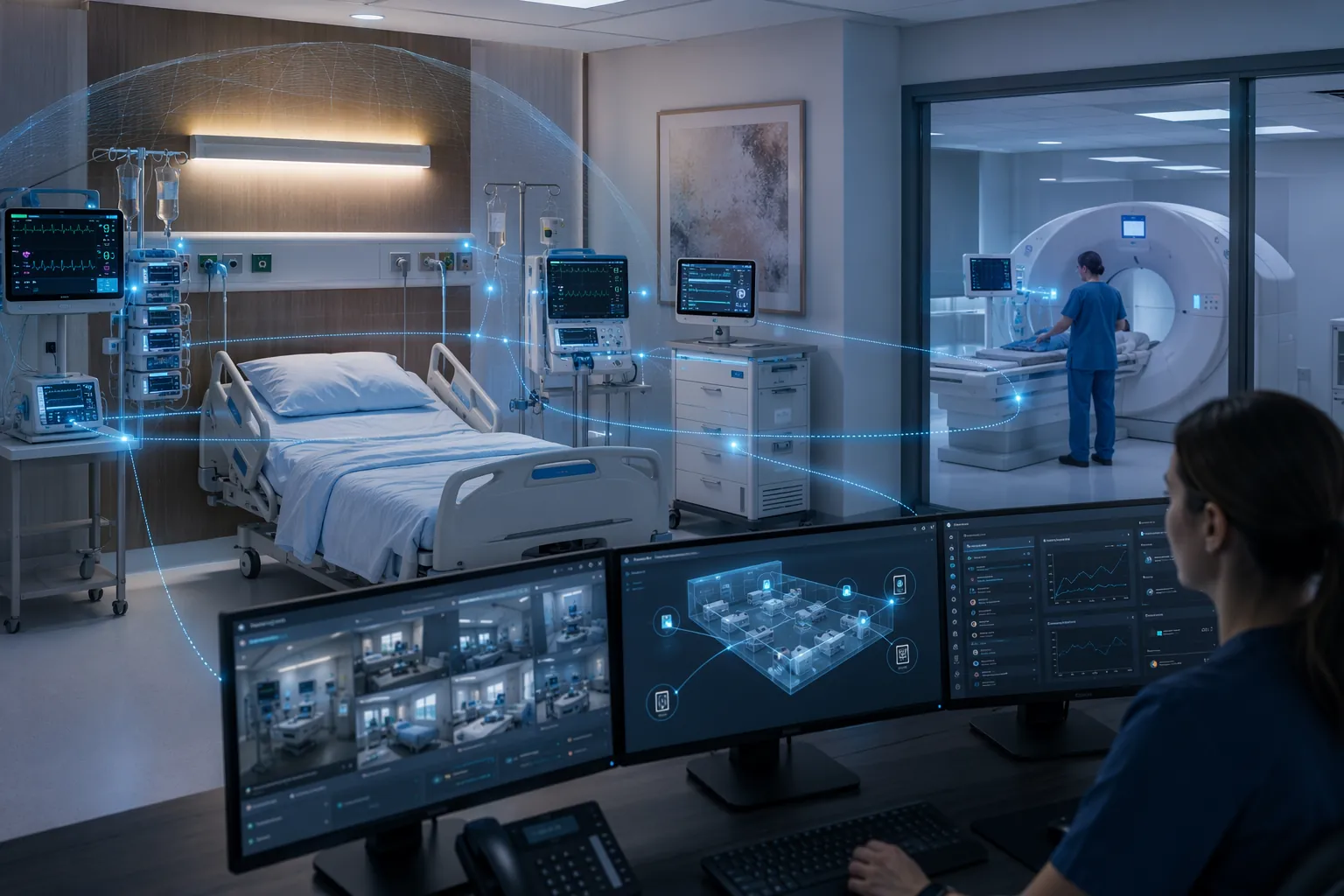 Modern hospital room with connected medical devices and digital workflow paths for security visibility and remediation