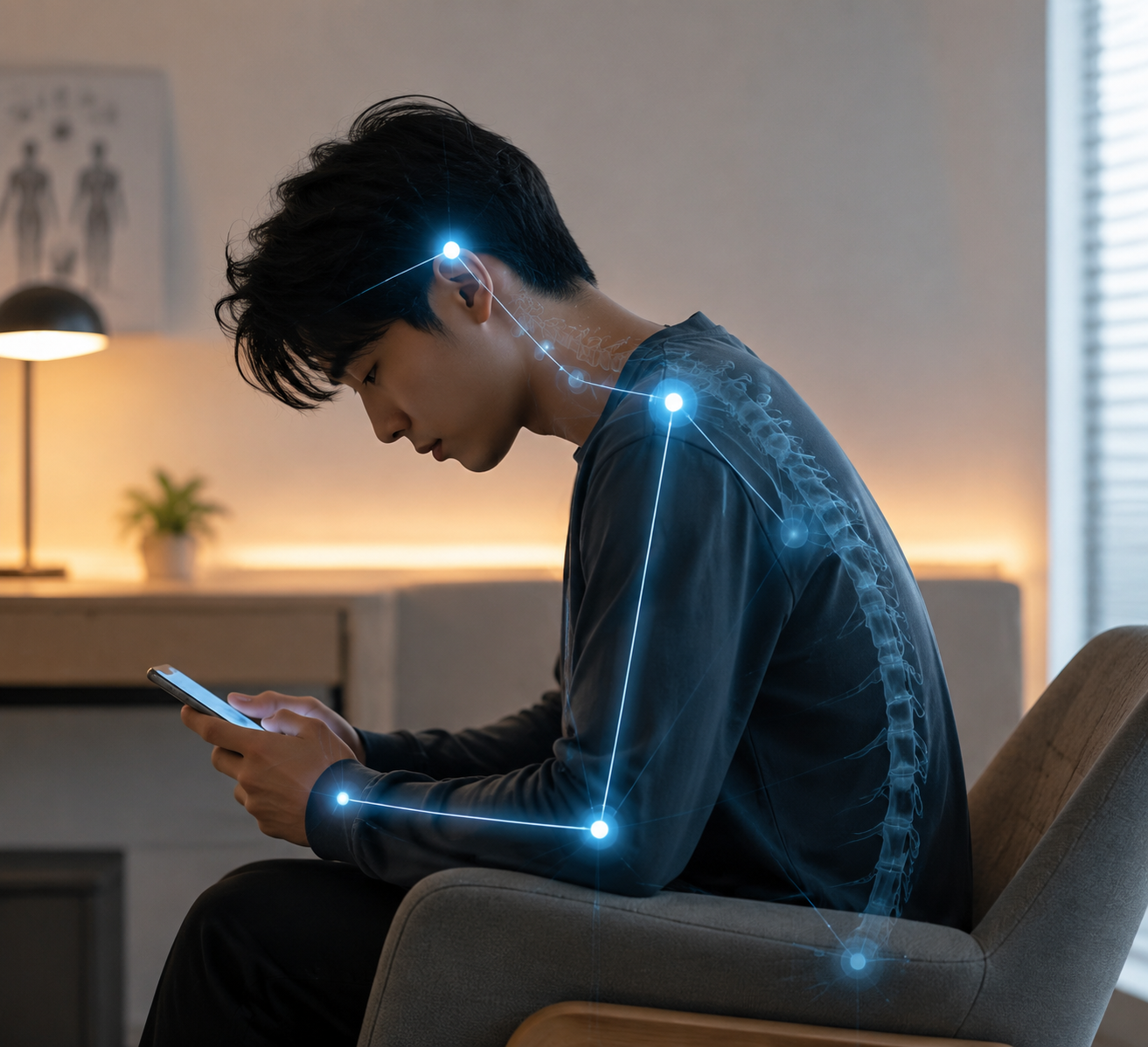 Person using a smartphone with a pose estimation skeleton overlay on the head, neck, shoulders, and upper spine