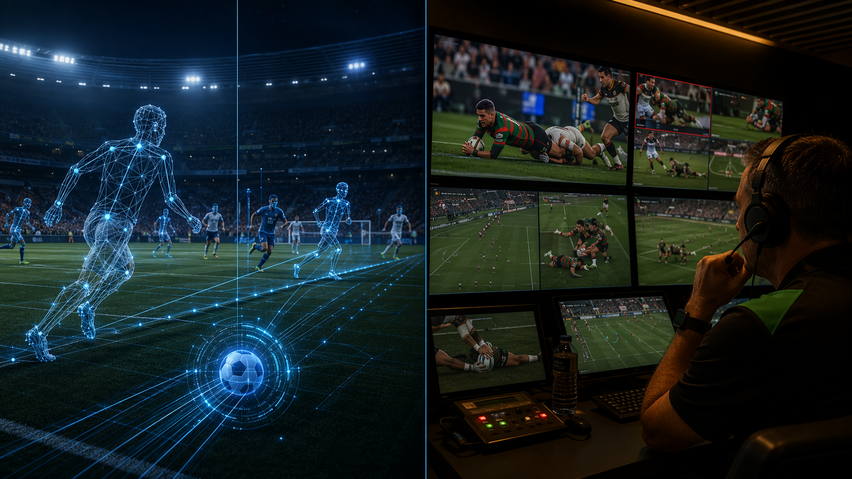 Football player tracking system contrasted with a rugby league Bunker review room