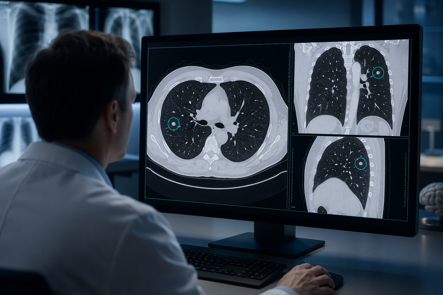 Radiologist reviewing chest CT scans with AI-assisted overlays highlighting pulmonary nodules