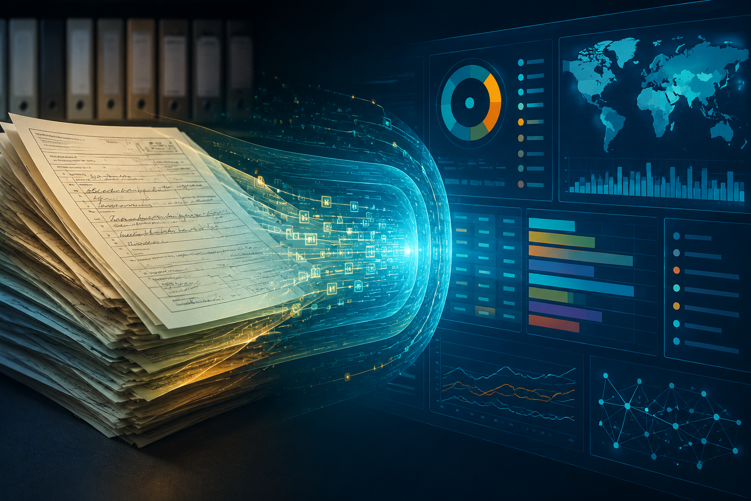 Death certificates flowing through a digital processing pipeline into ICD-10 disease classification data on a public health dashboard