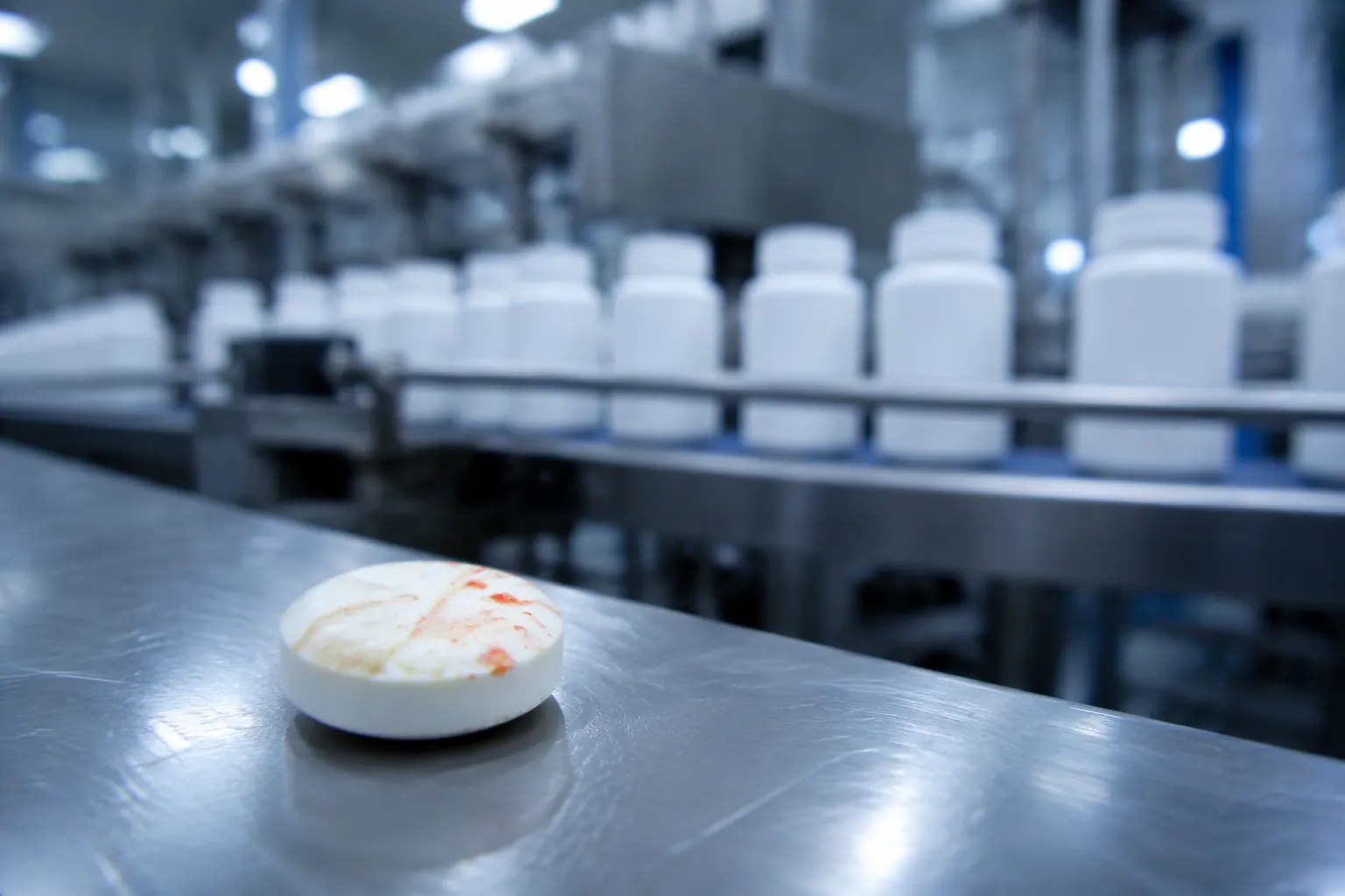 White pharmaceutical tablet with red-orange contamination spots on a stainless steel surface in a manufacturing quality-control setting